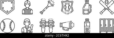 12 set of linear baseball icons. thin outline icons such as locker room, megaphone, batter, baseball bag, trumpet, referee for web, mobile Stock Vector