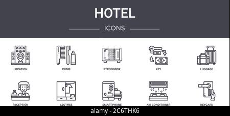 hotel concept line icons set. contains icons usable for web, logo, ui/ux such as comb, key, reception, smartphone, air conditioner, keycard, luggage, Stock Vector