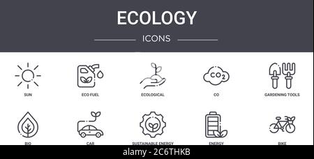 ecology concept line icons set. contains icons usable for web, logo, ui/ux such as eco fuel, co, bio, sustainable energy, energy, bike, gardening tool Stock Vector
