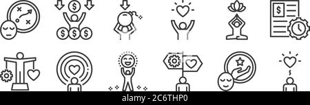 12 set of linear work life balance icons. thin outline icons such as wellness, guidance, spirit, relaxation, stress, rich for web, mobile Stock Vector