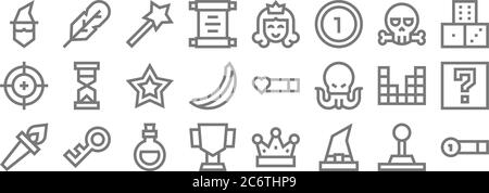 video game elements line icons. linear set. quality vector line set such as money bar, witch hat, cup, torch, video game, star, dice, princess, feathe Stock Vector