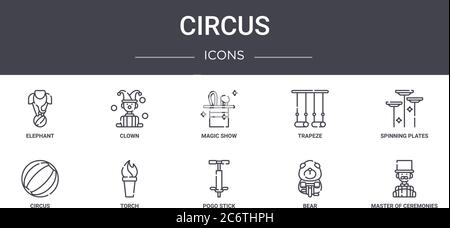 circus concept line icons set. contains icons usable for web, logo, ui/ux such as clown, trapeze, circus, pogo stick, bear, master of ceremonies, spin Stock Vector