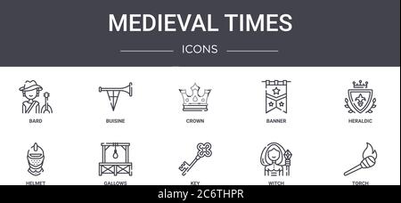 medieval times concept line icons set. contains icons usable for web, logo, ui/ux such as buisine, banner, helmet, key, witch, torch, heraldic, crown Stock Vector