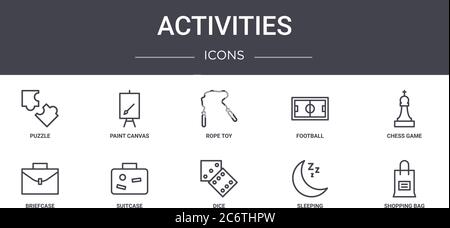 activities concept line icons set. contains icons usable for web, logo, ui/ux such as paint canvas, football, briefcase, dice, sleeping, shopping bag, Stock Vector