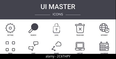 ui master concept line icons set. contains icons usable for web, logo, ui/ux such as search, trash bin, menu, share, laptop, calendar, internet, lock Stock Vector