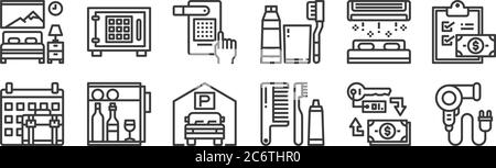 12 set of linear hotel icons. thin outline icons such as dryer, comb, fridge, air conditioner, hand, strongbox for web, mobile Stock Vector