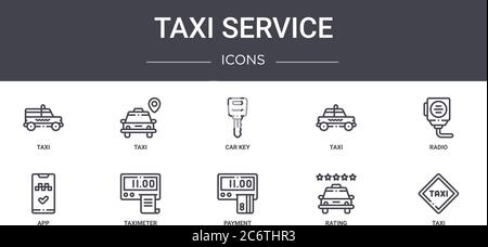 taxi service concept line icons set. contains icons usable for web, logo, ui/ux such as taxi, taxi, app, payment, rating, radio, car key Stock Vector