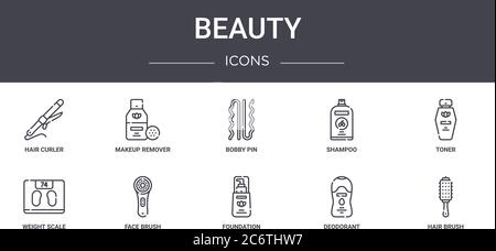 beauty concept line icons set. contains icons usable for web, logo, ui/ux such as makeup remover, shampoo, weight scale, foundation, deodorant, hair b Stock Vector