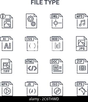 set of 16 file type concept vector line icons. 64x64 thin stroke icons such as dll file, ai file, jpg doc js eps iso indd mp Stock Vector