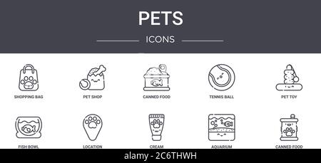 pets concept line icons set. contains icons usable for web, logo, ui/ux such as pet shop, tennis ball, fish bowl, cream, aquarium, canned food, pet to Stock Vector