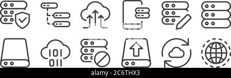 12 set of linear work office server icons. thin outline icons such as internet, upload, binary code, edit, uploading, transfer for web, mobile Stock Vector