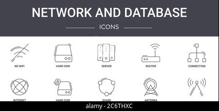 network and database concept line icons set. contains icons usable for web, logo, ui/ux such as hard disk, router, internet, share, antenna, , connect Stock Vector