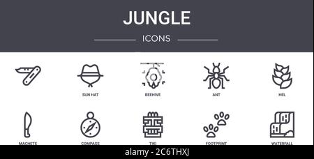 jungle concept line icons set. contains icons usable for web, logo, ui/ux such as sun hat, ant, machete, tiki, footprint, waterfall, hel, beehive Stock Vector