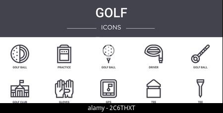 golf concept line icons set. contains icons usable for web, logo, ui/ux such as practice, driver, golf club, gps, tee, tee, golf ball, ball Stock Vector