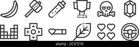 12 set of linear video game elements icons. thin outline icons such as steering wheel, leaf, arrows, death, magic potion, hammer for web, mobile Stock Vector
