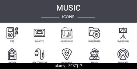 music concept line icons set. contains icons usable for web, logo, ui/ux such as cassette, music folder, jukebox, guitar pick, rapper, broadcast, musi Stock Vector