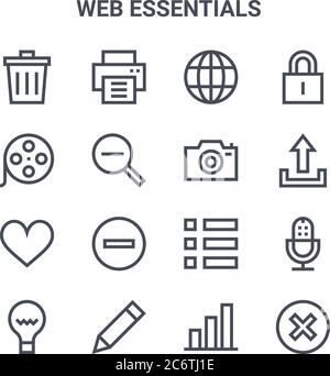 set of 16 web essentials concept vector line icons. 64x64 thin stroke icons such as printer, film reel, upload, menu, pen, cancel, bar chart, camera, Stock Vector