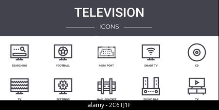 television concept line icons set. contains icons usable for web, logo, ui/ux such as football, smart tv, tv, wall bracket, sound bar, tv, cd, hdmi po Stock Vector