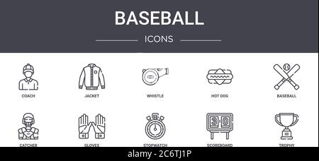 baseball concept line icons set. contains icons usable for web, logo, ui/ux such as jacket, hot dog, catcher, stopwatch, scoreboard, trophy, baseball, Stock Vector