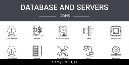 database and servers concept line icons set. contains icons usable for web, logo, ui/ux such as server, data, cloud server, maintenance, local, networ Stock Vector