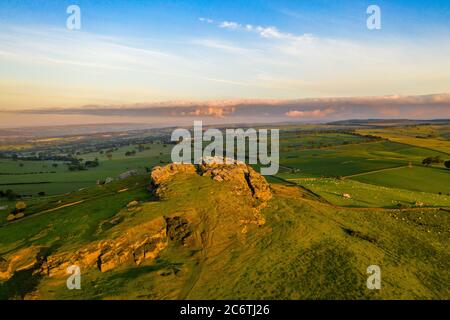 Almscliffe Crag, or Almscliff Crag is a Millstone Grit outcrop at the top of a small hill near the village of North Rigton,near Leeds and Harrogate Stock Photo