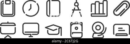 12 set of linear school icons. thin outline icons such as blackboard, backpack, monitor, books, book, clock for web, mobile Stock Vector