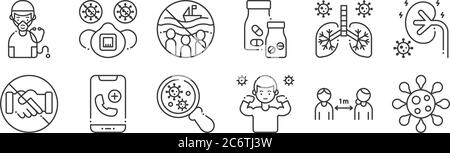 12 set of linear coronavirus icons. thin outline icons such as coronavirus, immunity, emergency call, lungs, crowd, medical mask for web, mobile Stock Vector