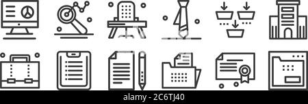 12 set of linear business icons. thin outline icons such as office material, folder, clipboard, business and finances, office chair, search for web, m Stock Vector