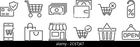 12 set of linear ecommerce icons. thin outline icons such as label, shopping cart, shopping bags, shopping cart, money, cart for web, mobile Stock Vector