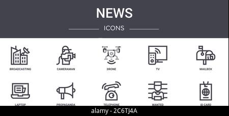 news concept line icons set. contains icons usable for web, logo, ui/ux such as cameraman, tv, laptop, telephone, wanted, id card, mailbox, drone Stock Vector
