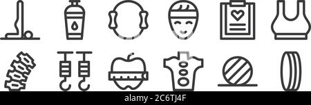 12 set of linear pilates icons. thin outline icons such as circle, hot stone, hook, health check, pilates, water bottle for web, mobile Stock Vector