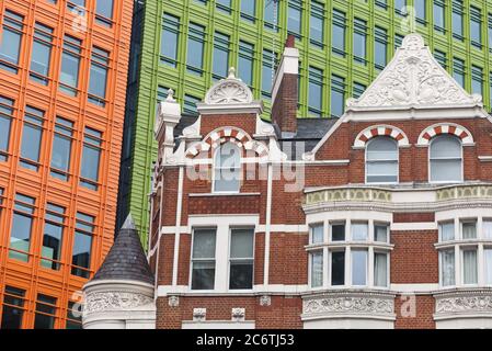 The colourful Central Saint Giles buildings in London, designed by the Italian architect Renzo Piano, Stock Photo