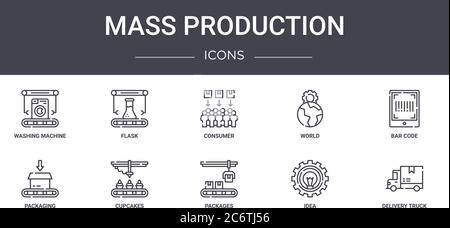 mass production concept line icons set. contains icons usable for web, logo, ui/ux such as flask, world, packaging, packages, idea, delivery truck, ba Stock Vector