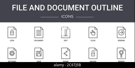 file and document outline concept line icons set. contains icons usable for web, logo, ui/ux such as document, click, settings, share, unlock, search, Stock Vector