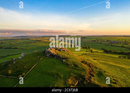 Almscliffe Crag, or Almscliff Crag is a Millstone Grit outcrop at the top of a small hill near the village of North Rigton,near Leeds and Harrogate Stock Photo