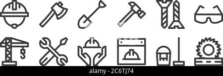 12 set of linear labour day icons. thin outline icons such as circular saw, labor day, tool, screw, shovel, axe for web, mobile Stock Vector