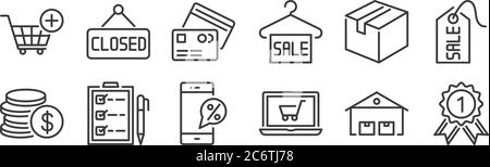 12 set of linear ecommerce icons. thin outline icons such as guarantee certificate, online shopping, checklist, cardboard box, cit cards, label for we Stock Vector