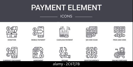 payment element concept line icons set. contains icons usable for web, logo, ui/ux such as mobile payment, qr code scan, currency exchange, refund, cr Stock Vector