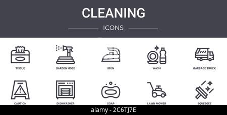 cleaning concept line icons set. contains icons usable for web, logo, ui/ux such as garden hose, wash, caution, soap, lawn mower, squeegee, garbage tr Stock Vector