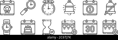 12 set of linear calendar and date icons. thin outline icons such as calendar, calendar, birthday, pay day, chronometer, search for web, mobile Stock Vector