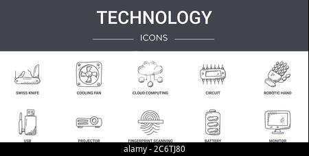 technology concept line icons set. contains icons usable for web, logo, ui/ux such as cooling fan, circuit, usb, fingerprint scanning, battery, monito Stock Vector