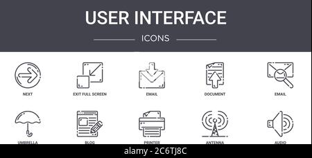 user interface concept line icons set. contains icons usable for web, logo, ui/ux such as exit full screen, document, umbrella, printer, antenna, audi Stock Vector