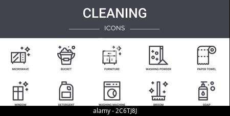 cleaning concept line icons set. contains icons usable for web, logo, ui/ux such as bucket, washing powder, window, washing machine, broom, soap, pape Stock Vector