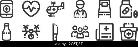 12 set of linear medical kit icons. thin outline icons such as first aid kit, group, drone, hospital bed, helicopter, blood pressure for web, mobile Stock Vector