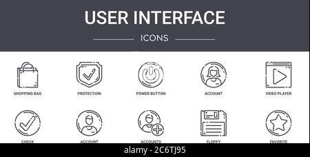 user interface concept line icons set. contains icons usable for web, logo, ui/ux such as protection, account, check, accounts, floppy, favorite, vide Stock Vector