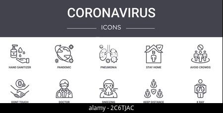 coronavirus concept line icons set. contains icons usable for web, logo, ui/ux such as pandemic, stay home, dont touch, sneezing, keep distance, x ray Stock Vector