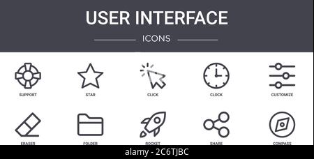 user interface concept line icons set. contains icons usable for web, logo, ui/ux such as star, clock, eraser, rocket, share, compass, customize, clic Stock Vector