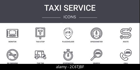 taxi service concept line icons set. contains icons usable for web, logo, ui/ux such as taxi stop, speedometer, no smoking, stopwatch, search, call, r Stock Vector