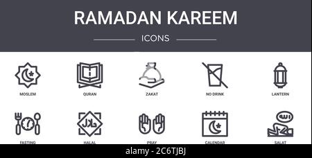 ramadan kareem concept line icons set. contains icons usable for web, logo, ui/ux such as quran, no drink, fasting, pray, calendar, salat, lantern, za Stock Vector