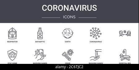 coronavirus concept line icons set. contains icons usable for web, logo, ui/ux such as antiseptic, coronavirus, stay home, covid, washing hands, hospi Stock Vector